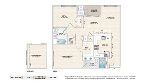 Floor plan for 2 beds, 2 baths, 1073 sqft
